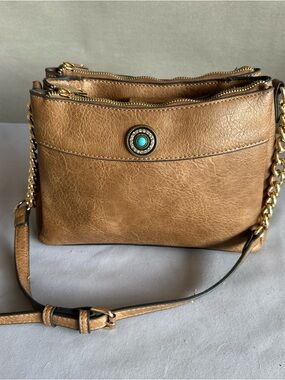 Malibu skye Tan Crossbody Bag with Turquoise Accent and Gold Chain